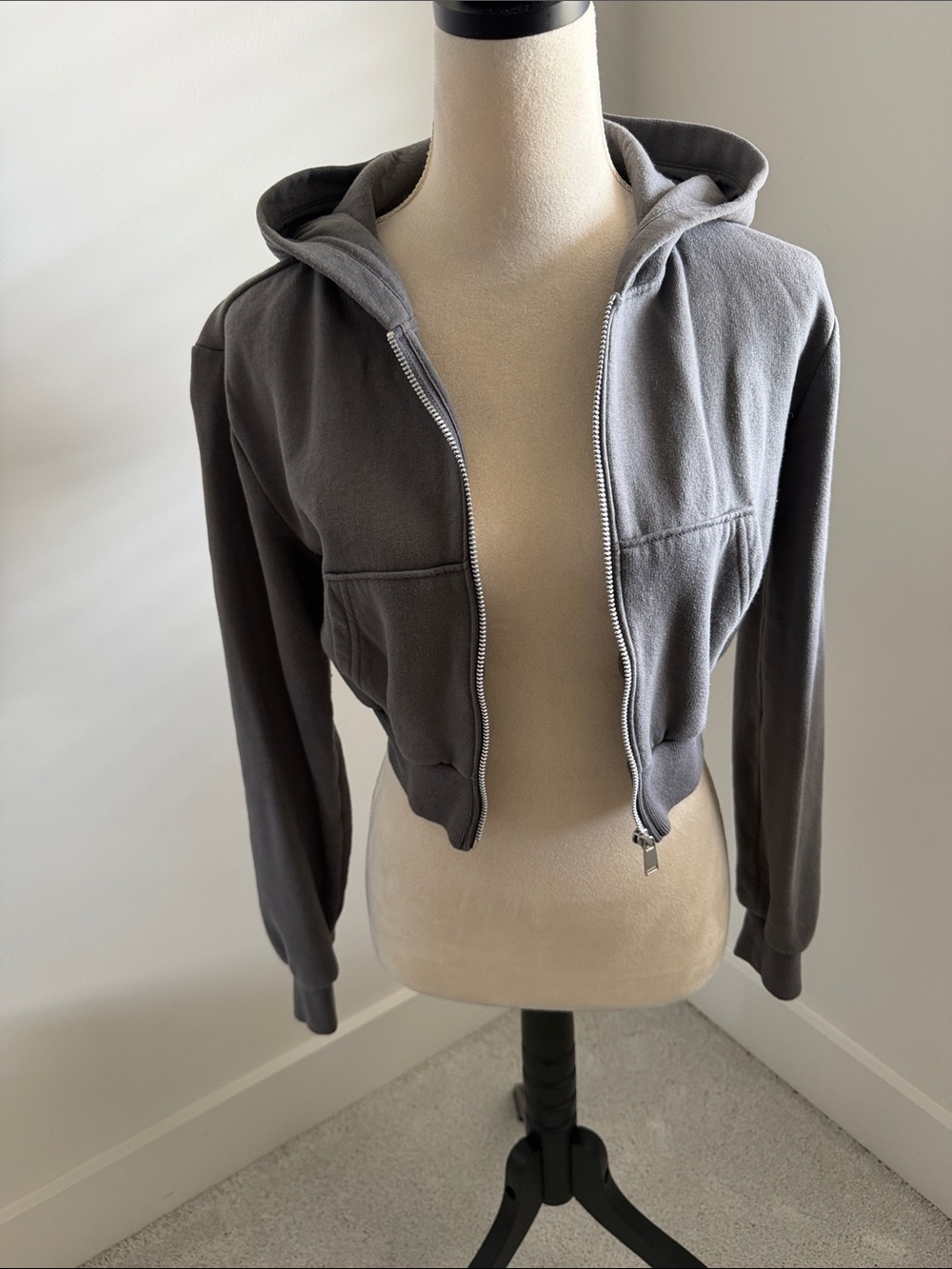 H&M Dark Gray Cropped Zip Hoodie Bomber Jacket